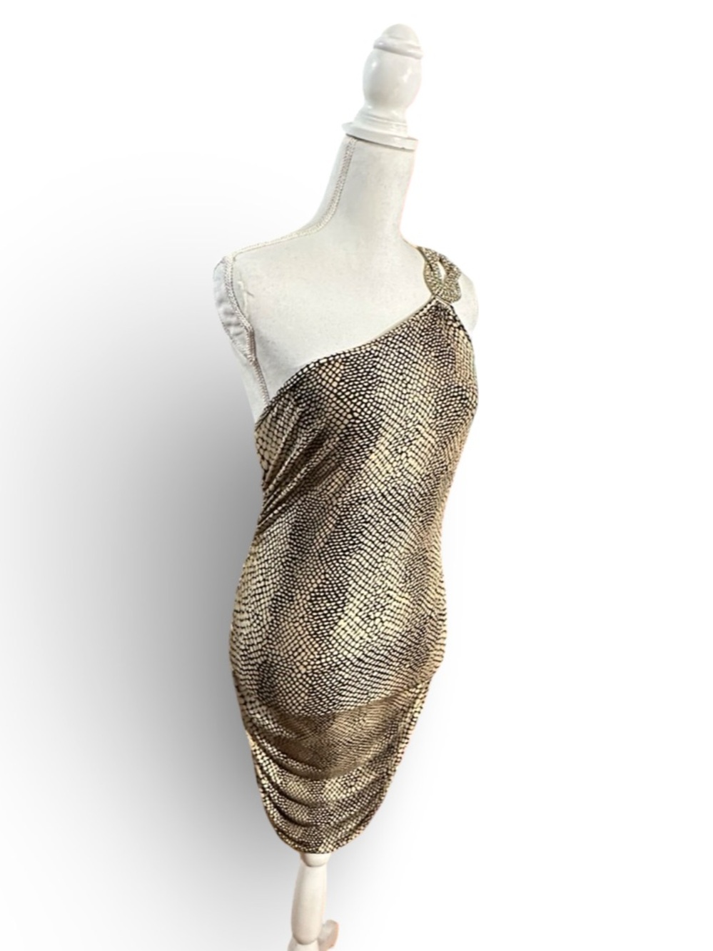 Caché One-Shoulder Crystal Embellished Snakeskin Mini Dress‎ S
